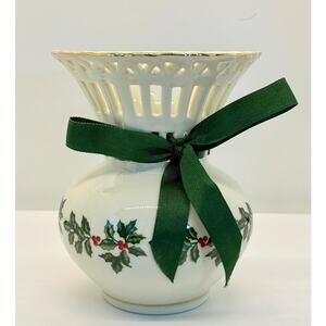 Formations Baum Bros Holly Porcelain Vase Gold Trim Green Ribbon 5 1/2 Christmas